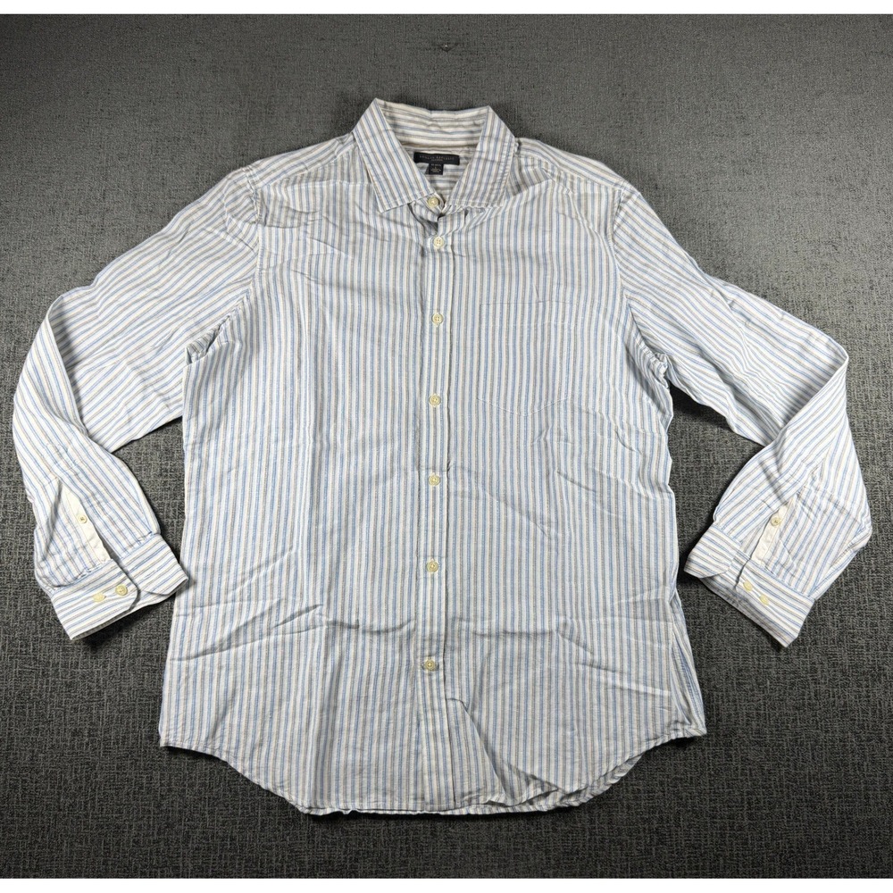 Banana Republic Classic Mens Large Blue Tan Striped Button Down Shirt L 16-16.5